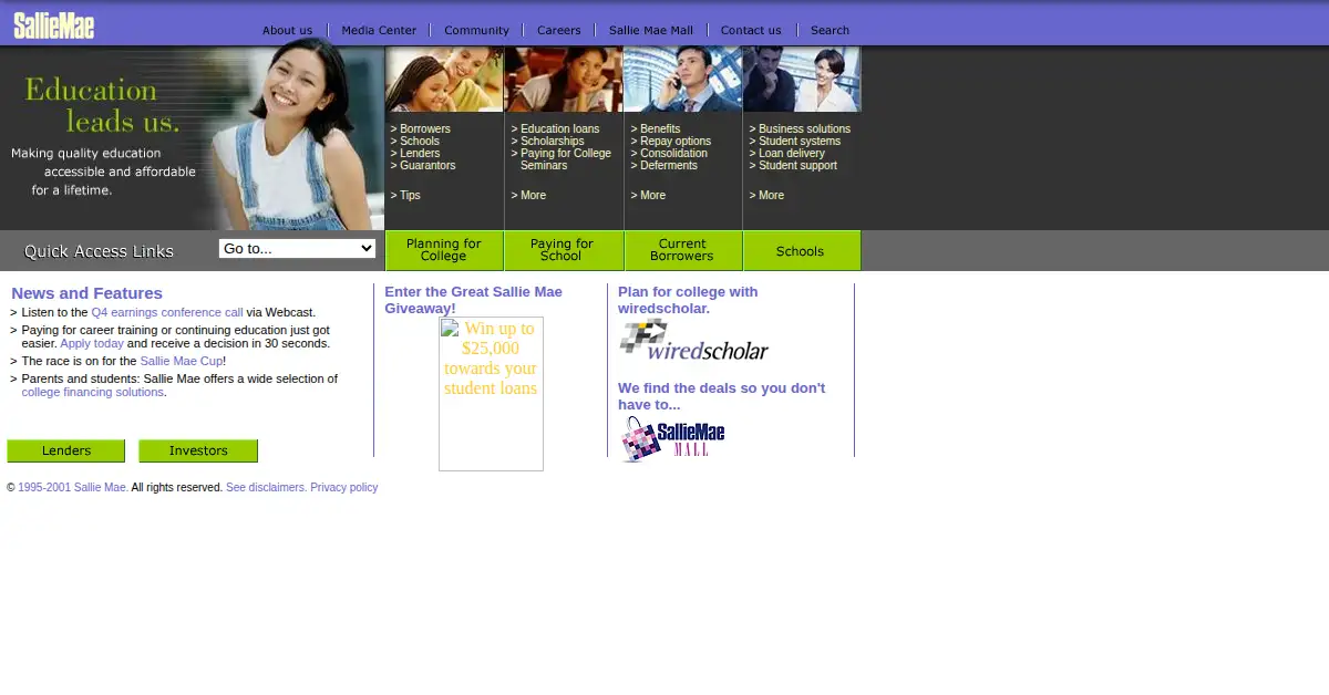 salliemae.com as the Internet Archive first saved it, 18 Jan 2001