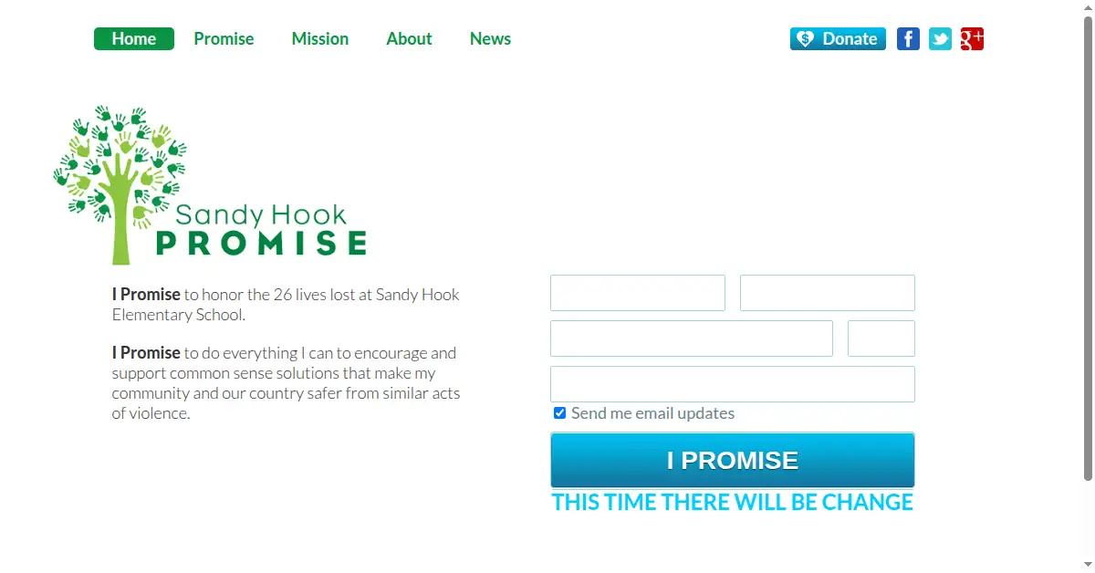 sandyhookpromise.org as the Internet Archive first saved it, 14 Jan 2013