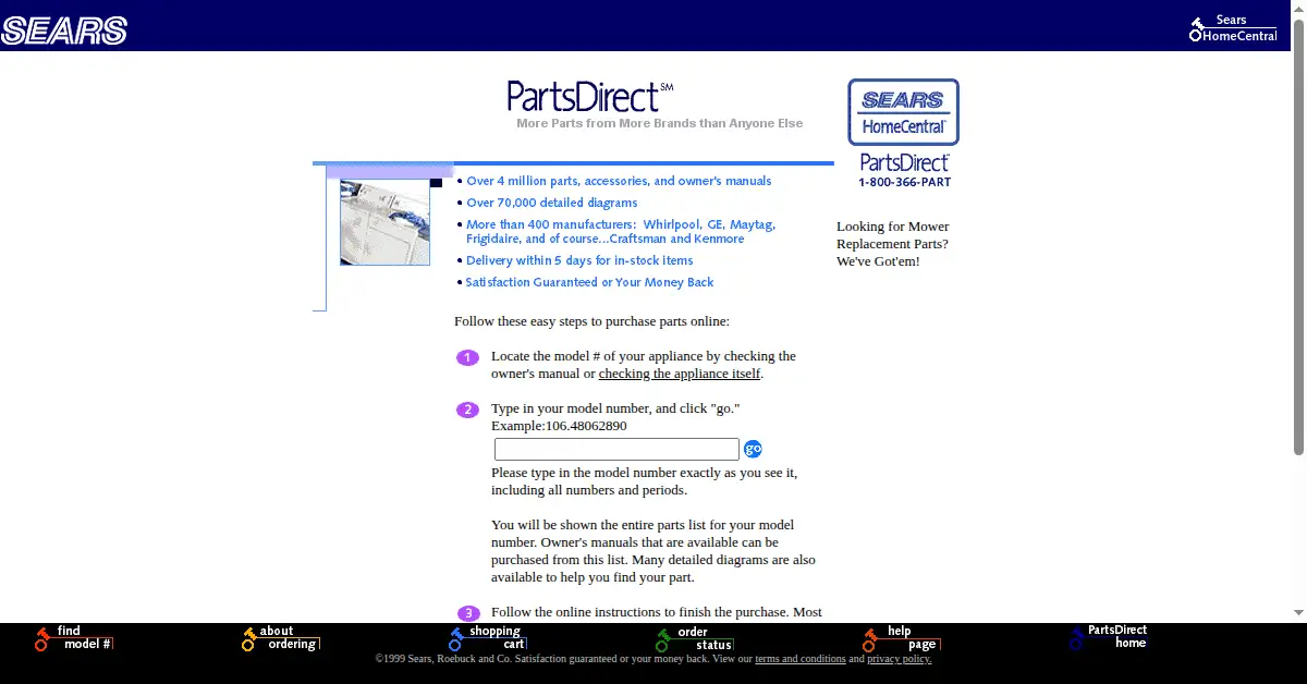 searspartsdirect.com as the Internet Archive first saved it, 1 Mar 2000