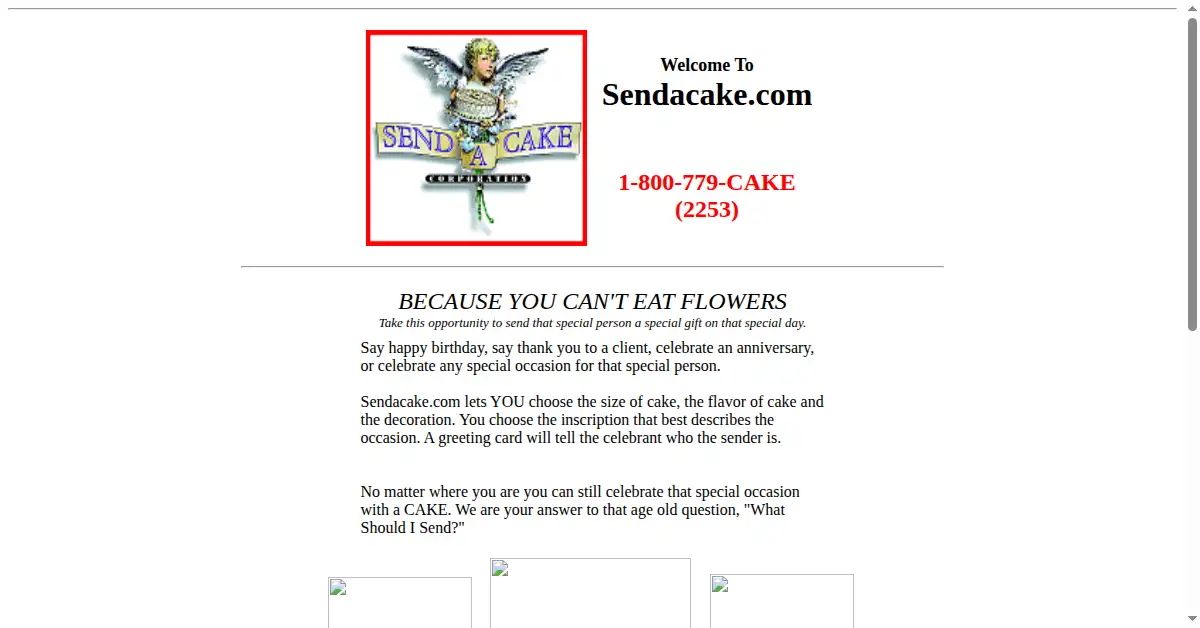 sendacake.com as the Internet Archive first saved it, 8 Feb 1999