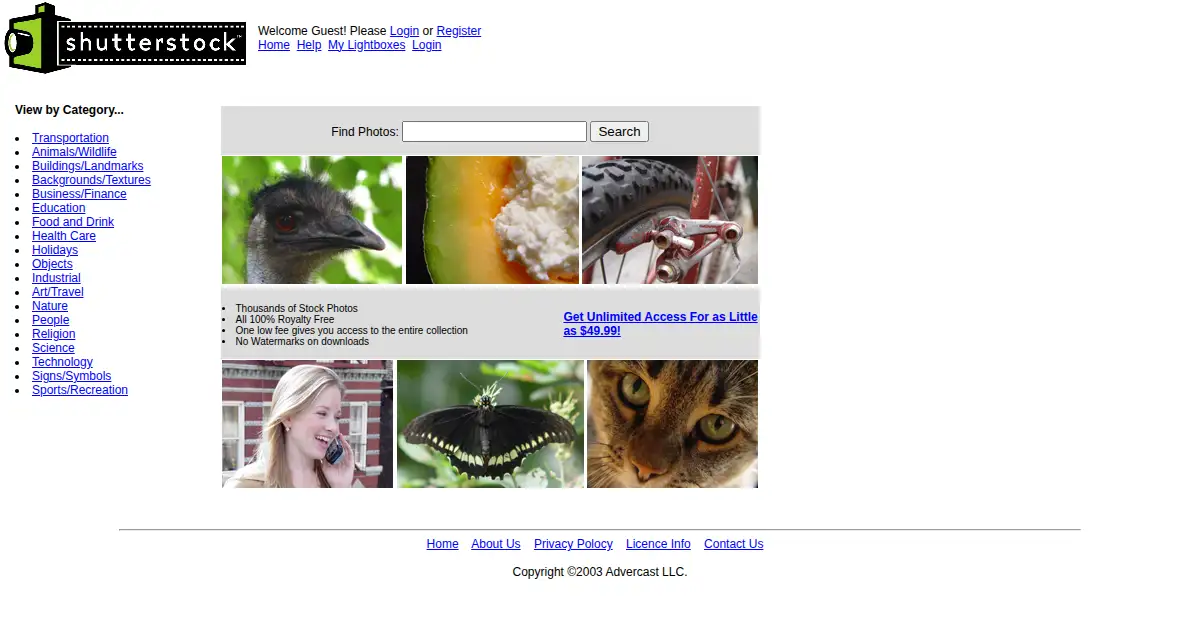 shutterstock.com as the Internet Archive first saved it, 9 Jan 2004