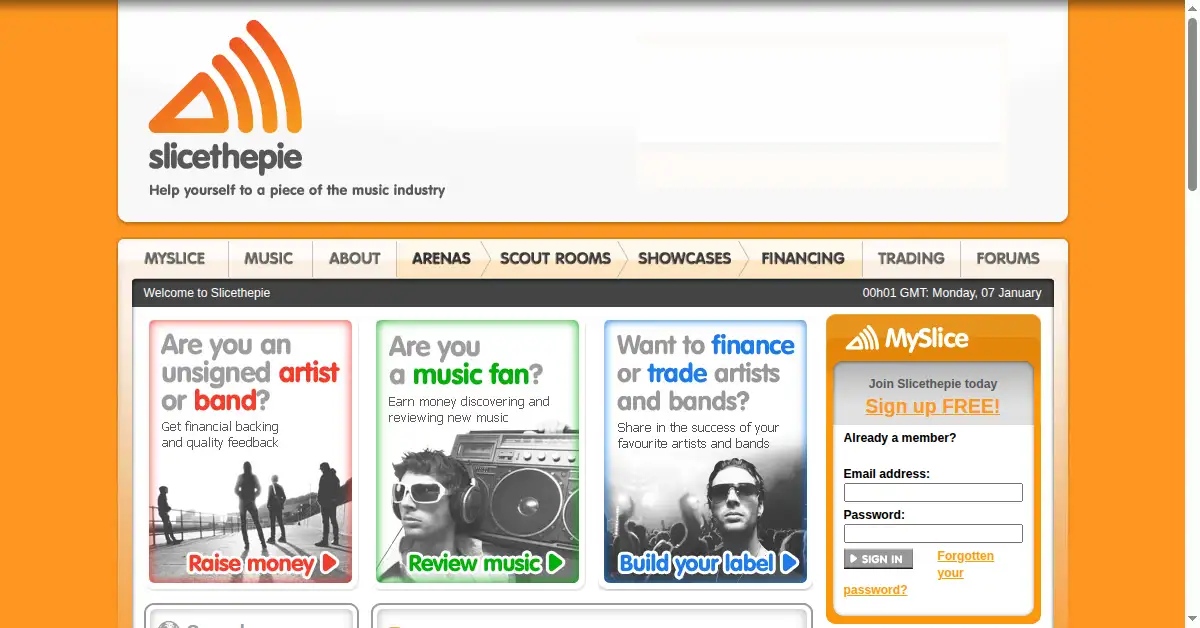 slicethepie.com as the Internet Archive first saved it, 7 Jan 2008