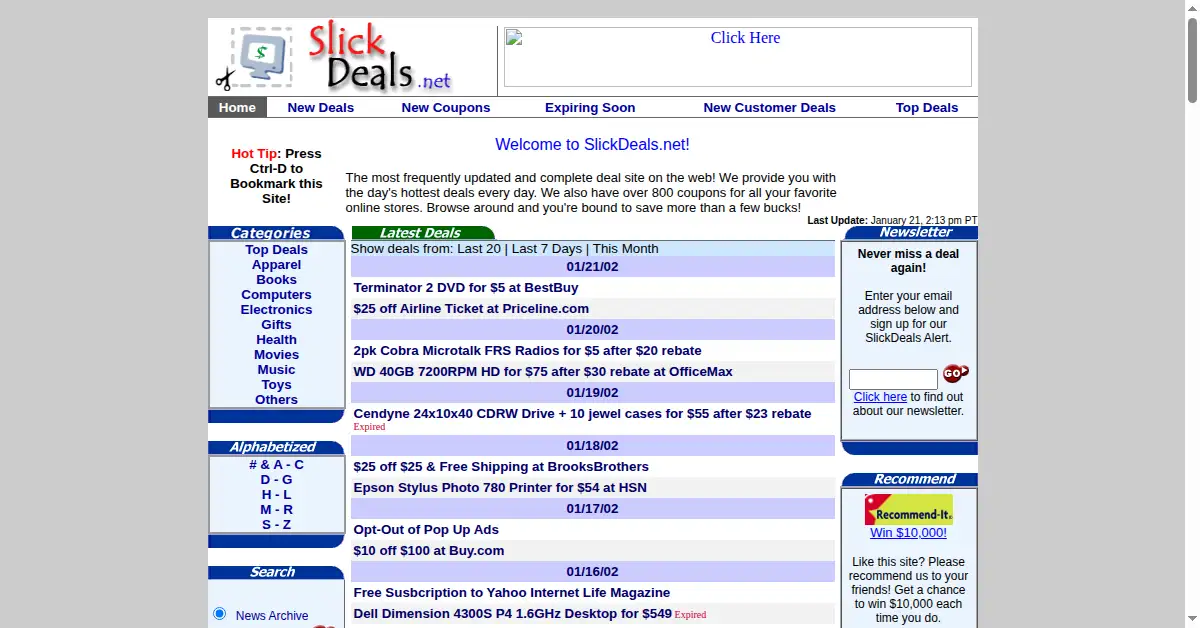 slickdeals.net as the Internet Archive first saved it, 22 Jan 2002