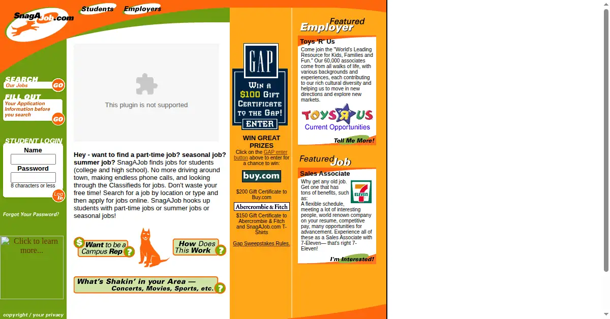 snagajob.com as the Internet Archive first saved it, 15 Aug 2000