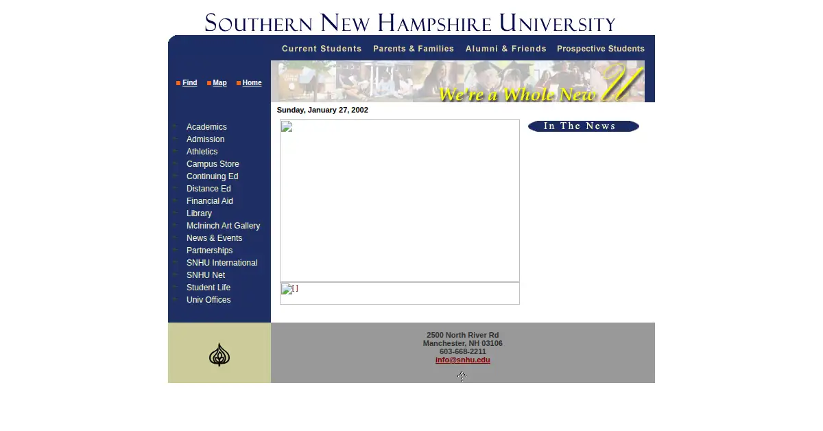 snhu.edu as the Internet Archive first saved it, 27 Jan 2002
