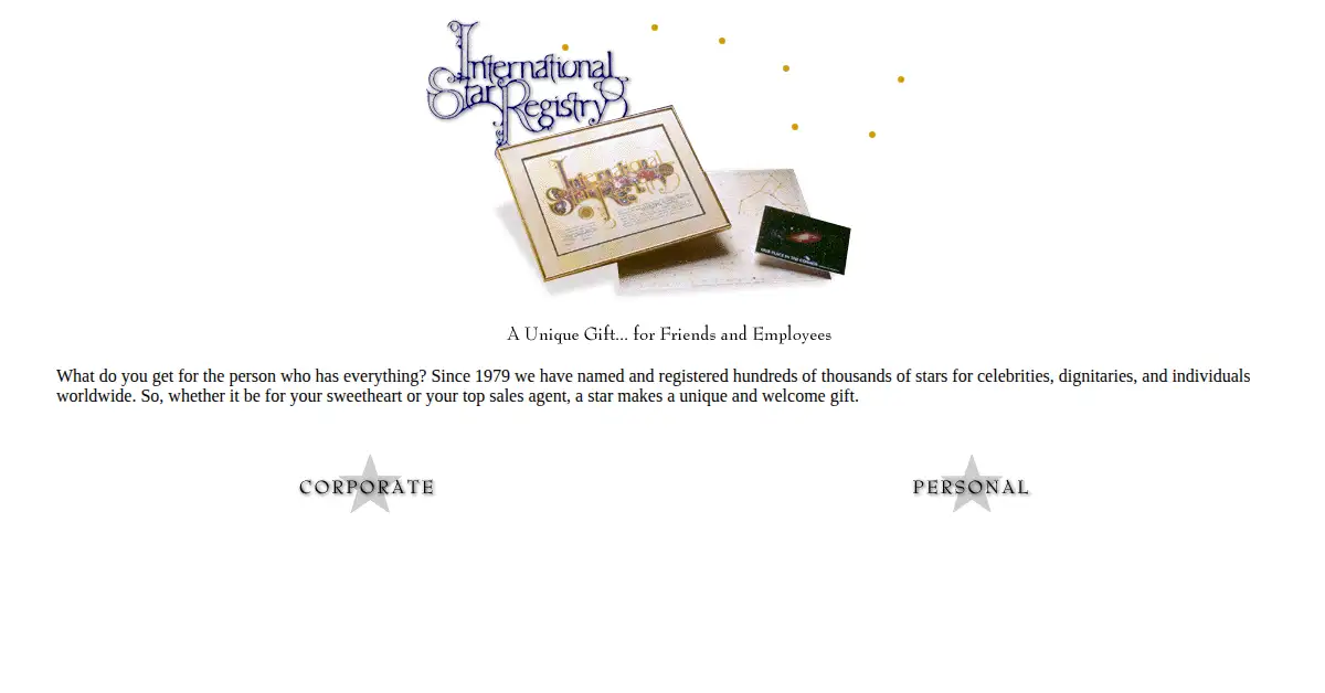 starregistry.com as the Internet Archive first saved it, 22 Dec 1997