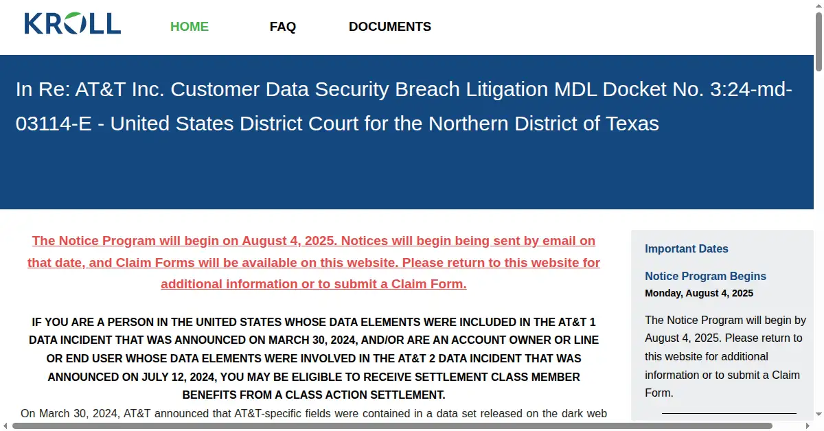 telecomdatasettlement.com as the Internet Archive first saved it, 3 Aug 2025