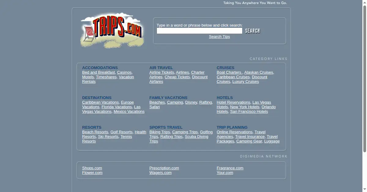 trips.com as the Internet Archive first saved it, 21 Jul 2001