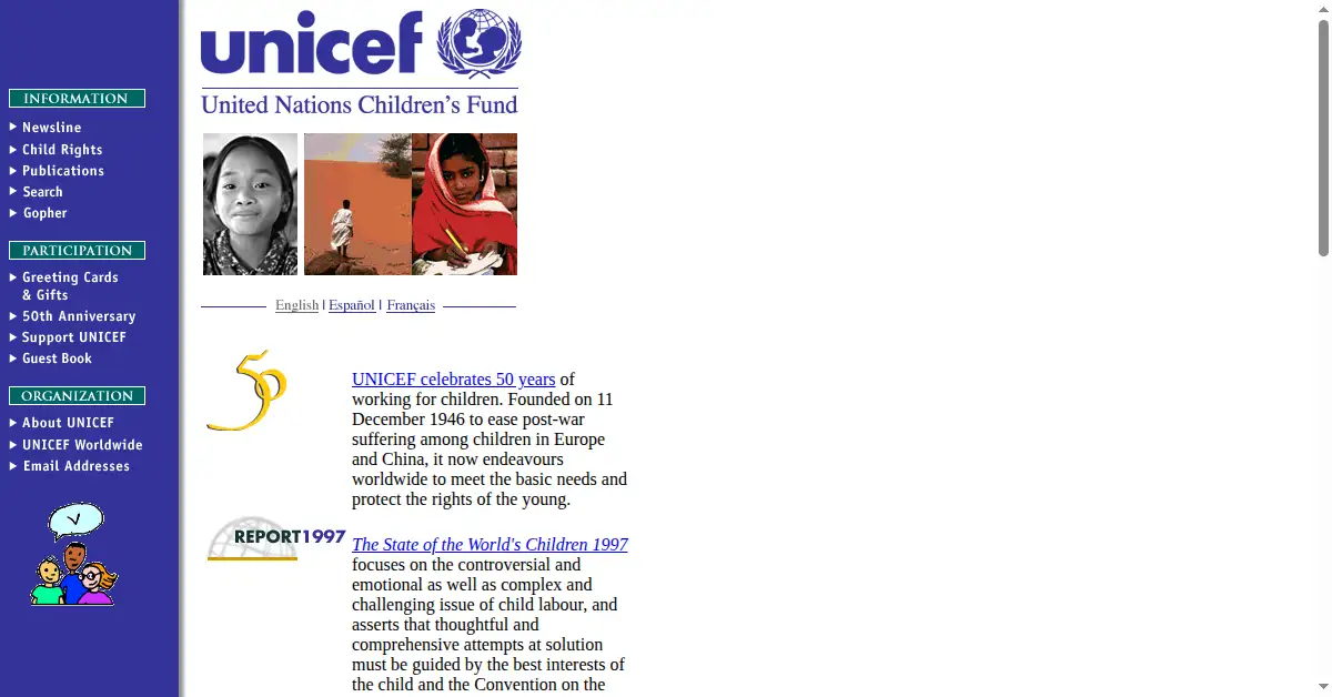 unicef.org as the Internet Archive first saved it, 22 Jan 1997