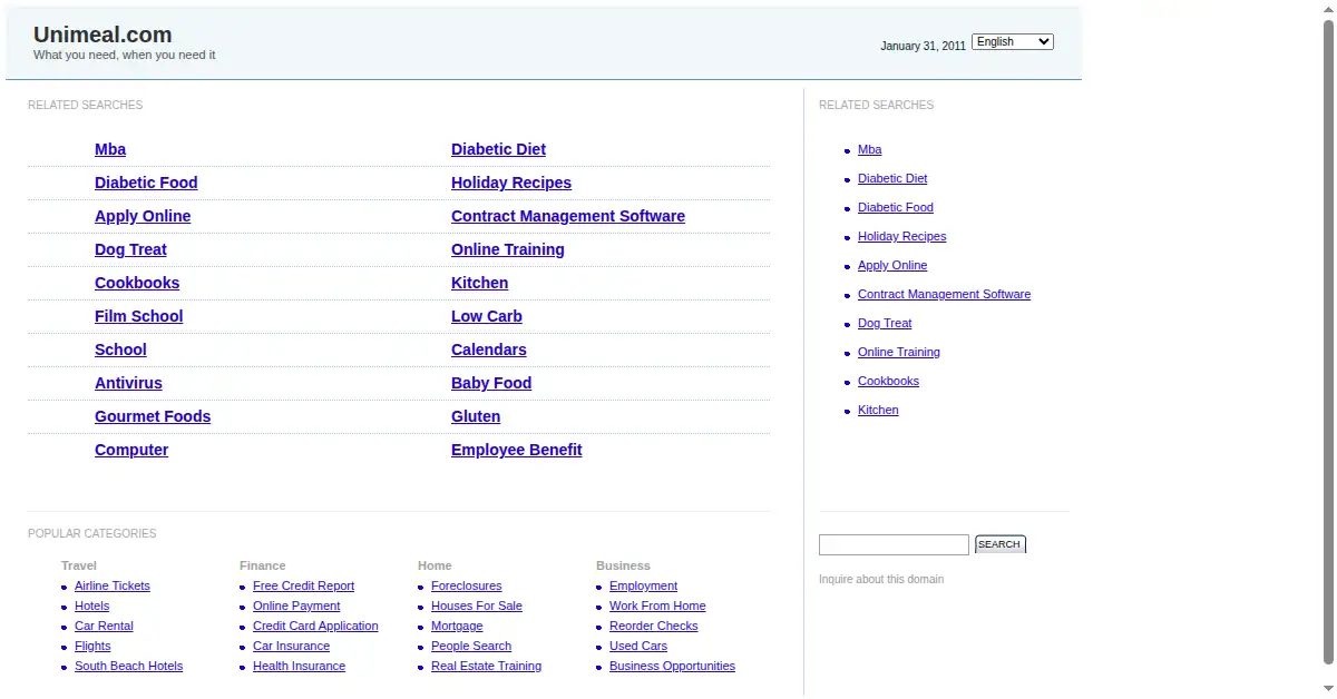 unimeal.com as the Internet Archive first saved it, 31 Jan 2011