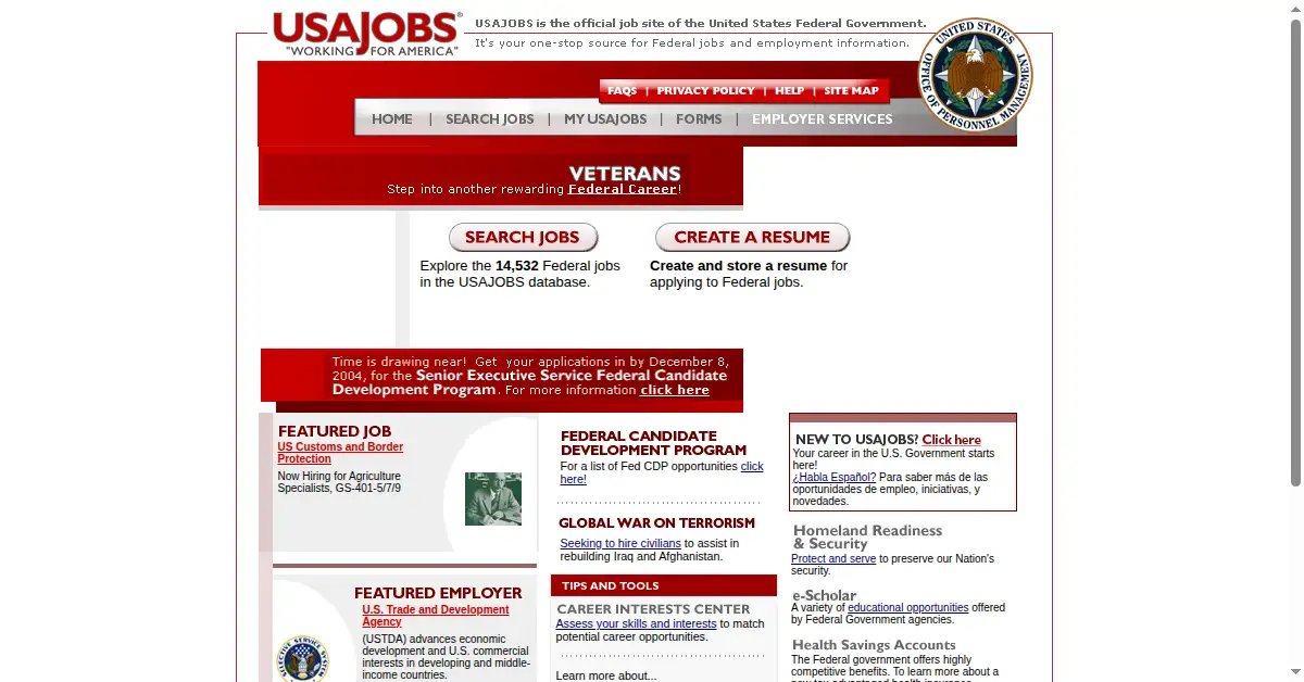 usajobs.gov as the Internet Archive first saved it, 7 Dec 2004