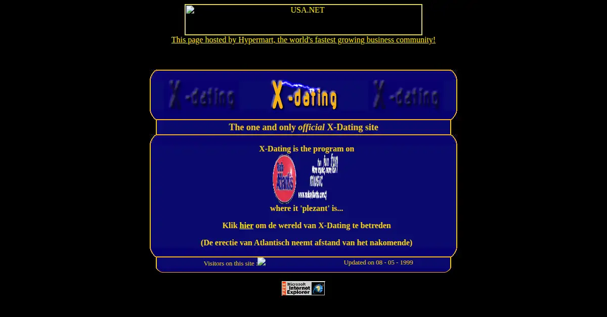 xdating.com as the Internet Archive first saved it, 8 May 1999