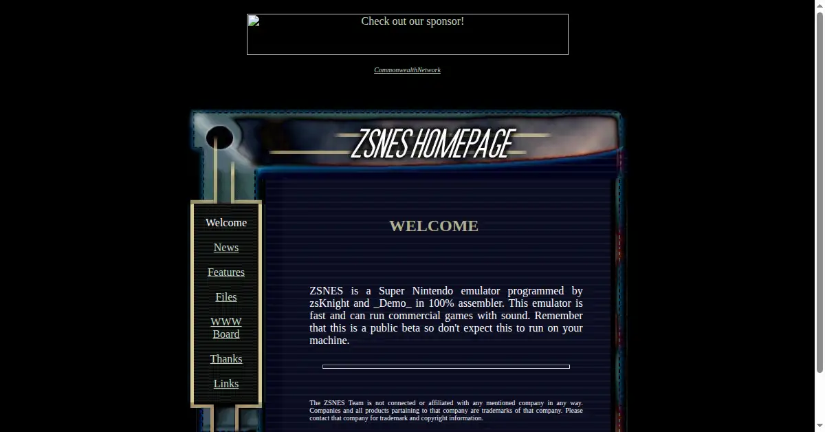zsnes.com as the Internet Archive first saved it, 10 May 2000