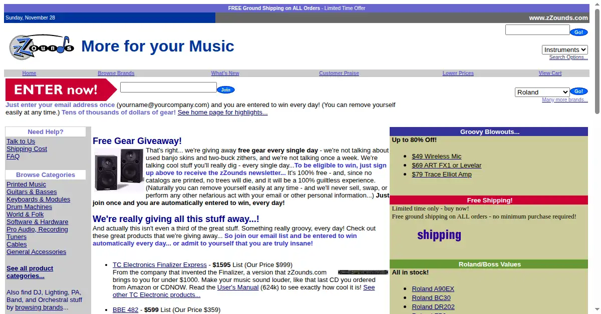 zzounds.com as the Internet Archive first saved it, 28 Nov 1999
