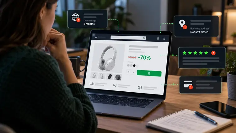 A shopper looks at headphones reduced by 70% on a laptop, with four warnings beside the page: a website address registered two months ago, a business address that does not match, a row of five-star reviews, and the payment method.